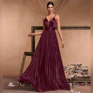 Elegant Backless Formal Plunge V-Neck Cocktail Wedding ALine Cinch Glitter Dress